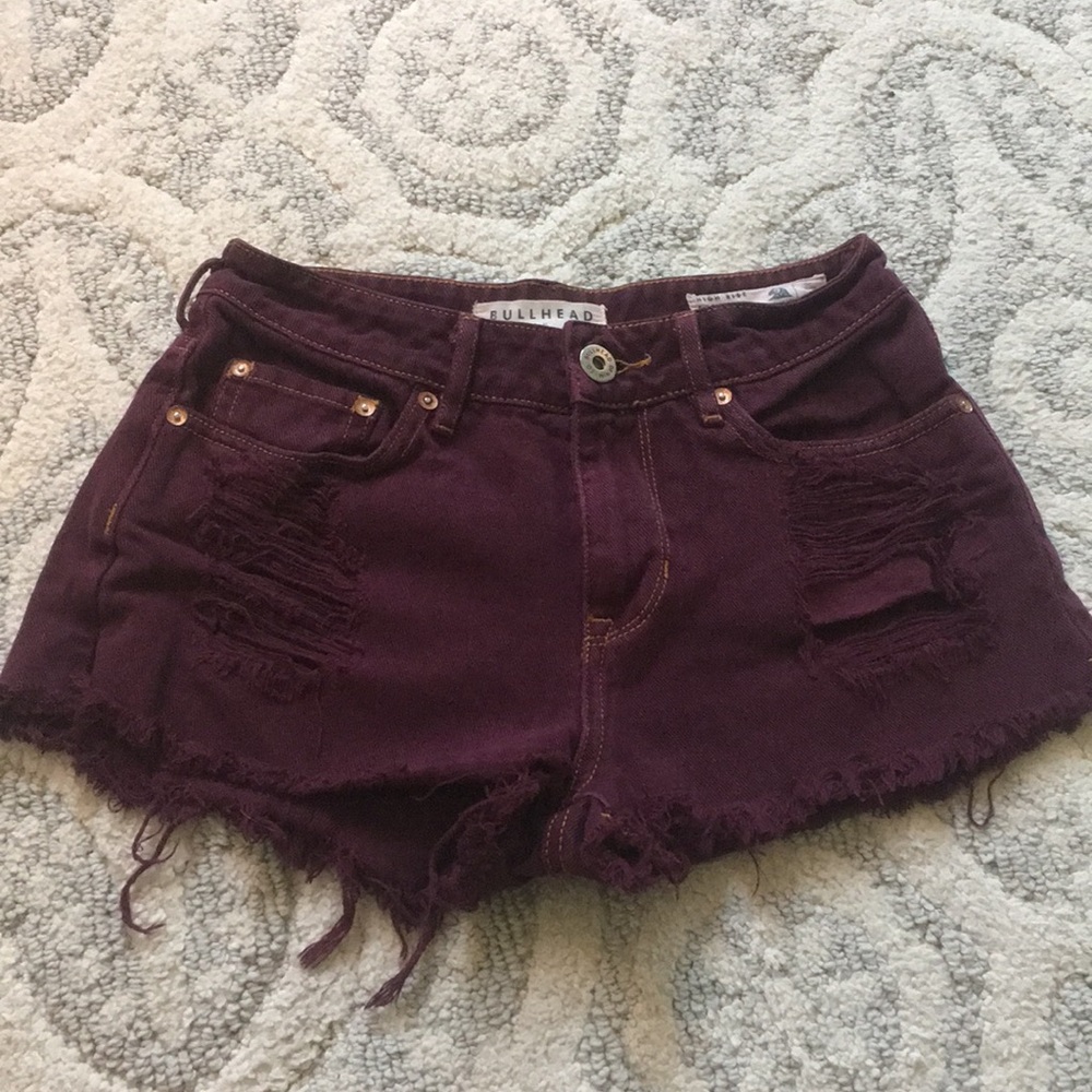 High rise maroon denim shorts